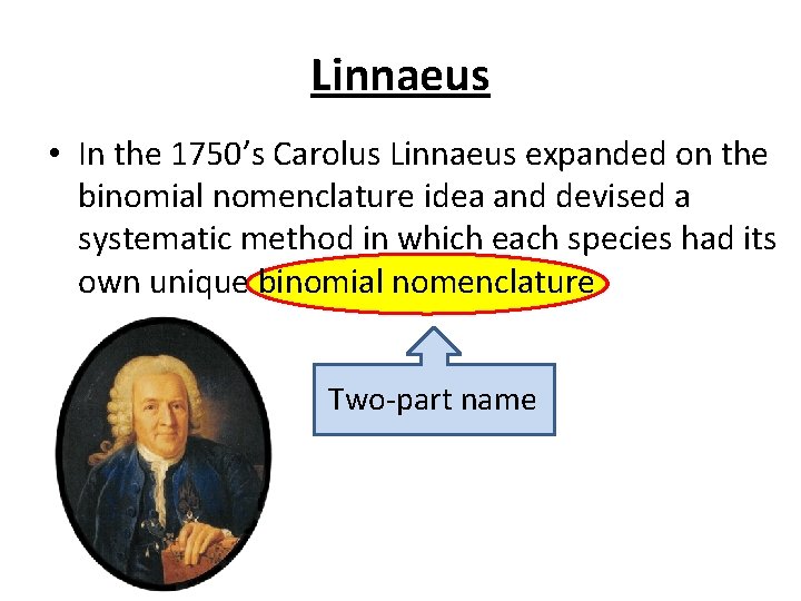 Linnaeus • In the 1750’s Carolus Linnaeus expanded on the binomial nomenclature idea and