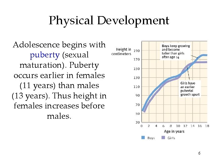 Physical Development Adolescence begins with puberty (sexual maturation). Puberty occurs earlier in females (11