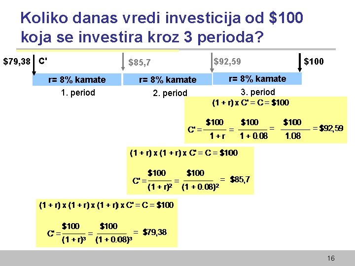 Koliko danas vredi investicija od $100 koja se investira kroz 3 perioda? $79, 38