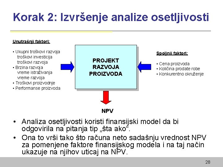 Korak 2: Izvršenje analize osetljivosti Unutrašnji faktori: • Ukupni troškovi razvoja troškovi investicija troškovi