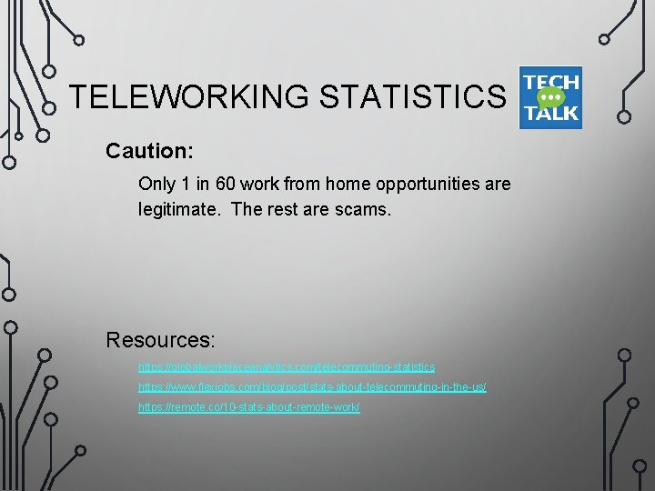 TELEWORKING STATISTICS Caution: Only 1 in 60 work from home opportunities are legitimate. The