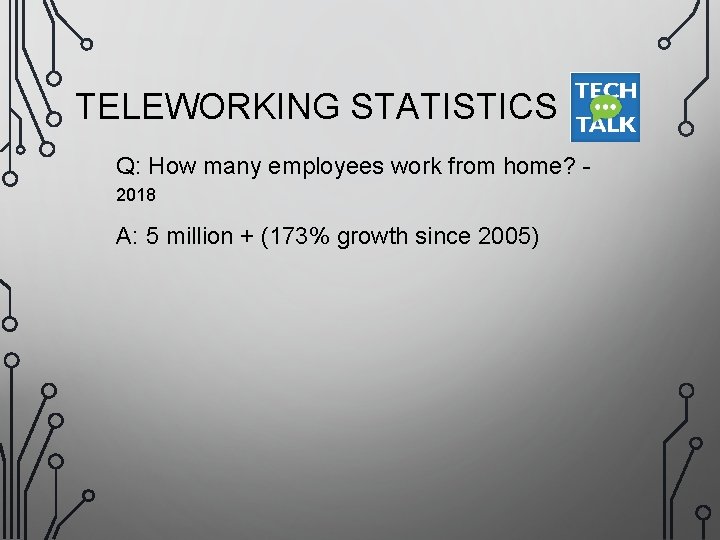 TELEWORKING STATISTICS Q: How many employees work from home? 2018 A: 5 million +