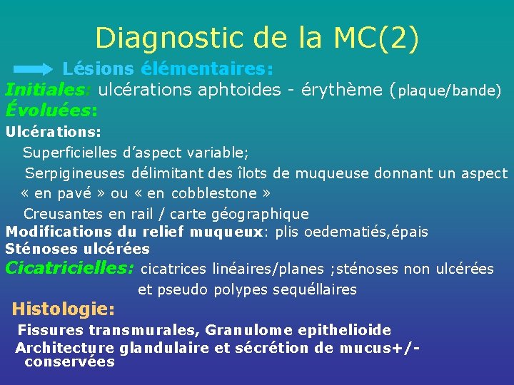 Diagnostic de la MC(2) Lésions élémentaires: Initiales: ulcérations aphtoides - érythème (plaque/bande) Évoluées: Ulcérations:
