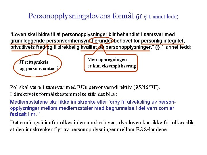 Personopplysningslovens formål (jf. § 1 annet ledd) ”Loven skal bidra til at personopplysninger blir