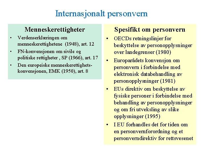 Internasjonalt personvern Menneskerettigheter • • • Verdenserklæringen om menneskerettighetene (1948), art. 12 FN-konvensjonen om