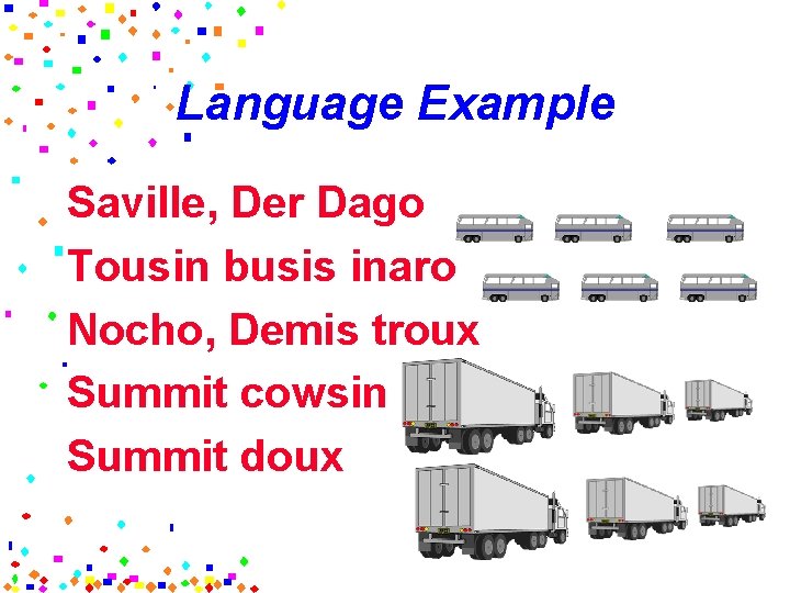 Language Example Saville, Der Dago Tousin busis inaro Nocho, Demis troux Summit cowsin Summit