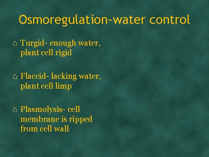 Osmoregulation-water control ⌂ Turgid- enough water, plant cell rigid ⌂ Flaccid- lacking water, plant