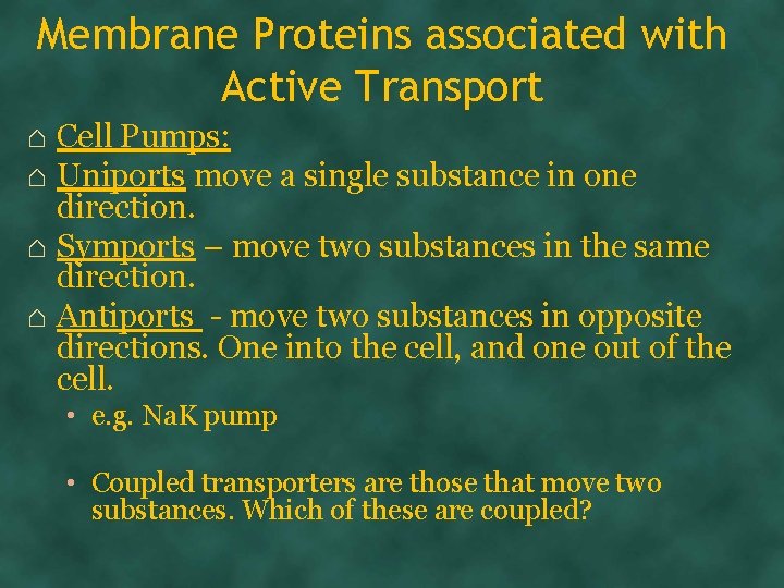 Membrane Proteins associated with Active Transport ⌂ Cell Pumps: ⌂ Uniports move a single