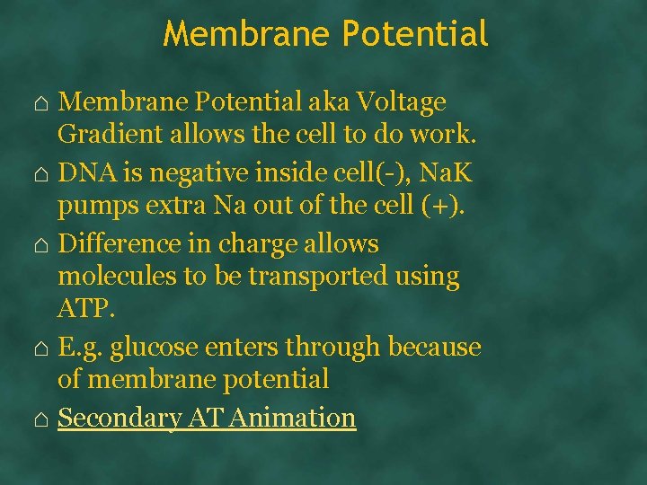 Membrane Potential ⌂ Membrane Potential aka Voltage Gradient allows the cell to do work.