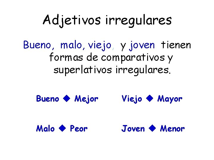 Adjetivos irregulares Bueno, malo, viejo, y joven tienen formas de comparativos y superlativos irregulares.