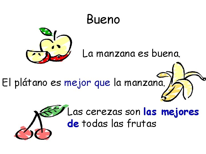 Bueno La manzana es buena. El plátano es mejor que la manzana. Las cerezas