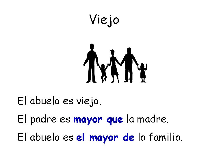 Viejo El abuelo es viejo. El padre es mayor que la madre. El abuelo