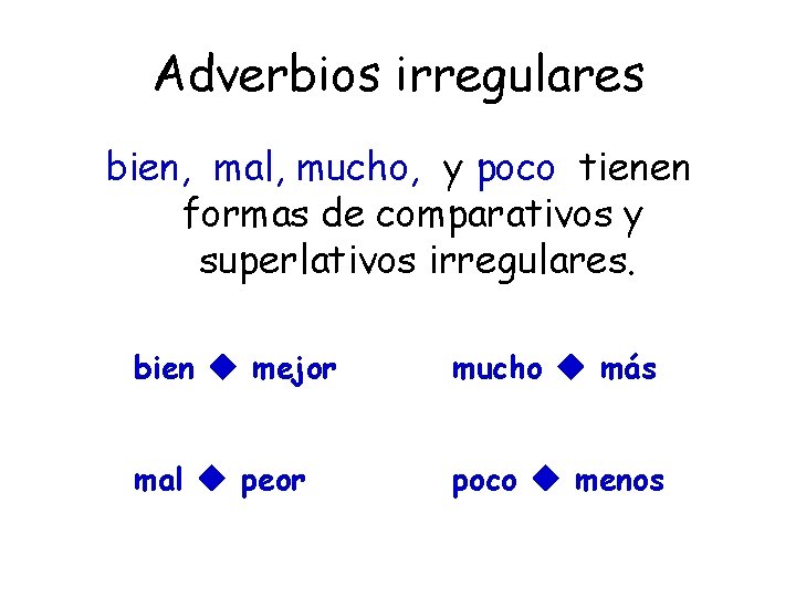 Adverbios irregulares bien, mal, mucho, y poco tienen formas de comparativos y superlativos irregulares.