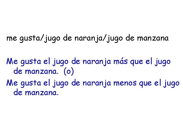 me gusta/jugo de naranja/jugo de manzana Me gusta el jugo de naranja más que