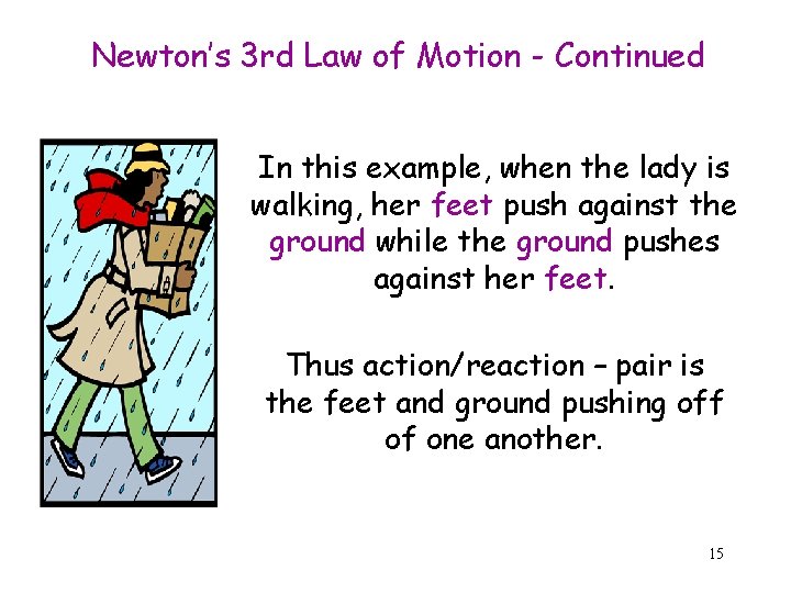 Newton’s 3 rd Law of Motion - Continued In this example, when the lady