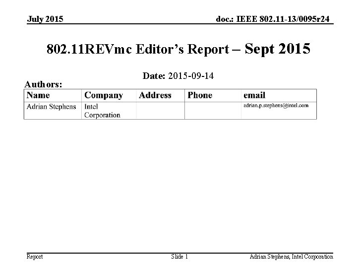 July 2015 doc. : IEEE 802. 11 -13/0095 r 24 802. 11 REVmc Editor’s