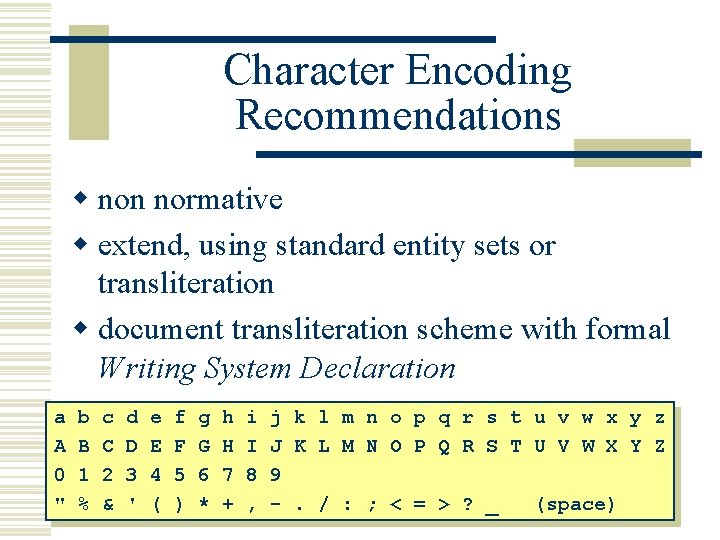 Character Encoding Recommendations w non normative w extend, using standard entity sets or transliteration