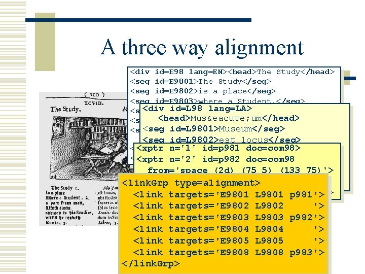 A three way alignment <div id=E 98 lang=EN><head>The Study</head> <seg id=E 9801>The Study</seg> <seg