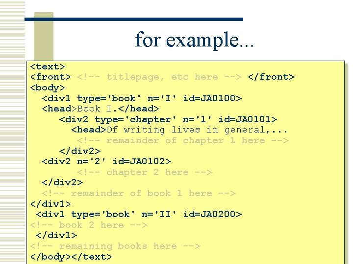 for example. . . <text> <front> <!-- titlepage, etc here --> </front> <body> <div
