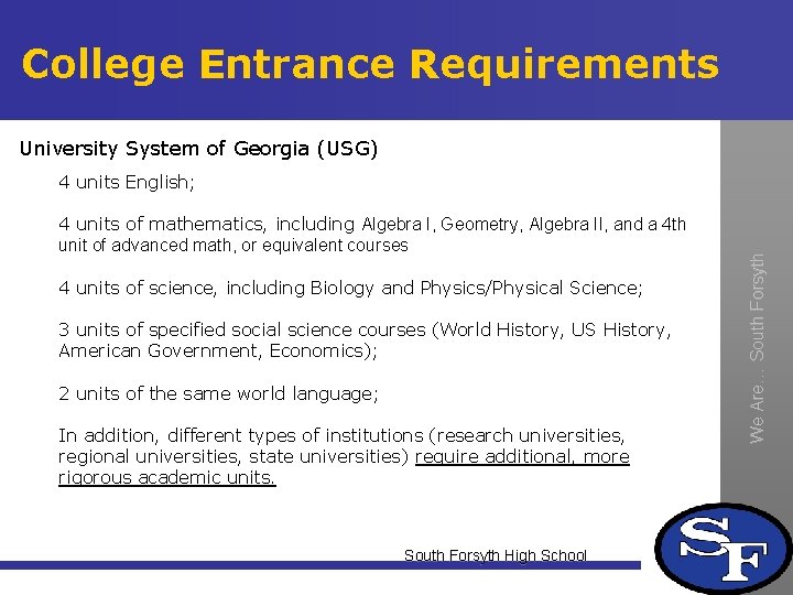 College Entrance Requirements University System of Georgia (USG) 4 units of mathematics, including Algebra