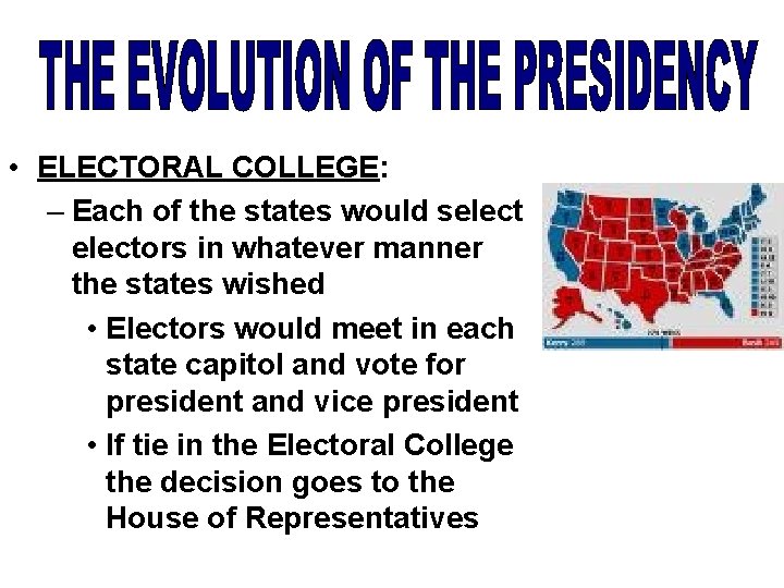  • ELECTORAL COLLEGE: – Each of the states would selectors in whatever manner