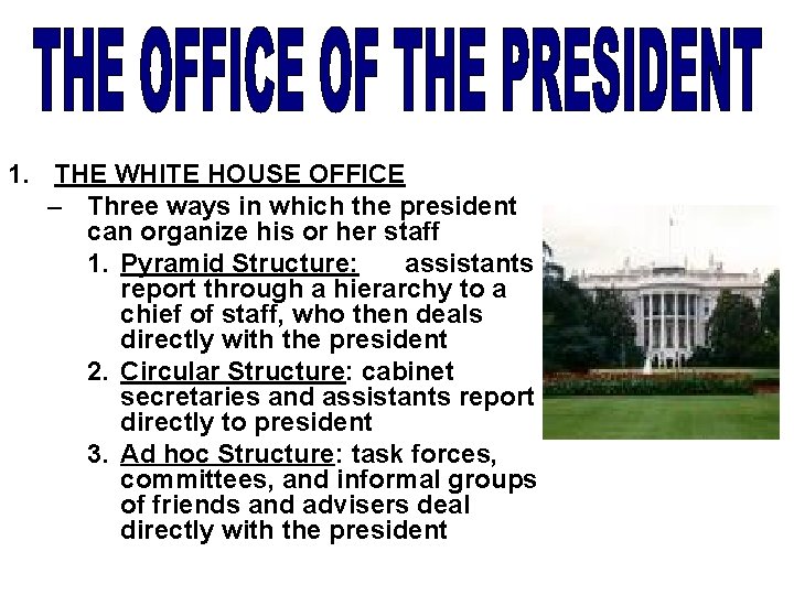 1. THE WHITE HOUSE OFFICE – Three ways in which the president can organize