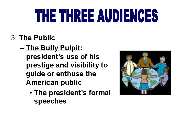 3. The Public – The Bully Pulpit: president’s use of his prestige and visibility