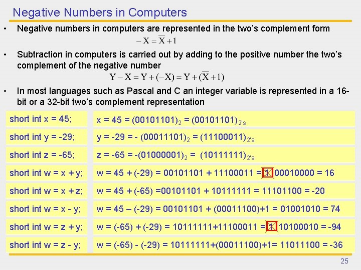 Negative Numbers in Computers • Negative numbers in computers are represented in the two’s Negative Numbers in Computers • Negative numbers in computers are represented in the two’s