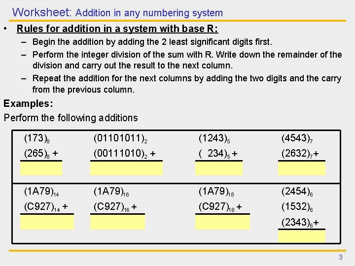 Worksheet: Addition in any numbering system • Rules for addition in a system with Worksheet: Addition in any numbering system • Rules for addition in a system with