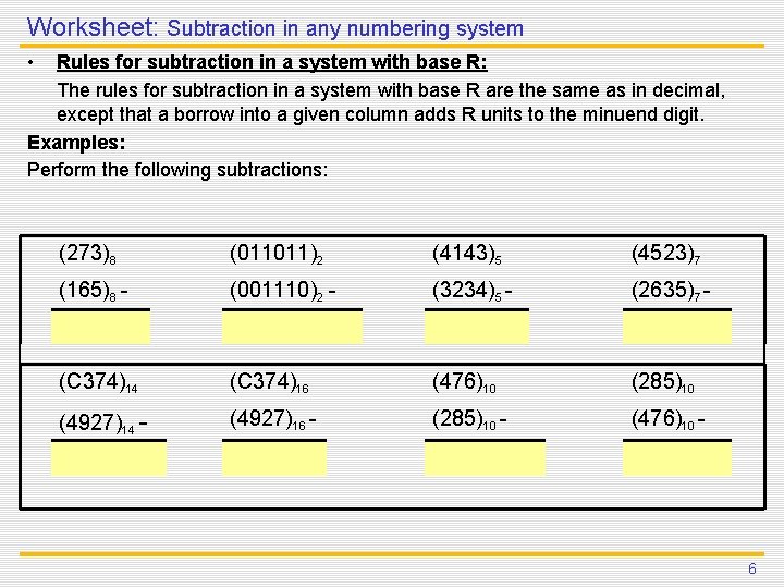 Worksheet: Subtraction in any numbering system • Rules for subtraction in a system with Worksheet: Subtraction in any numbering system • Rules for subtraction in a system with