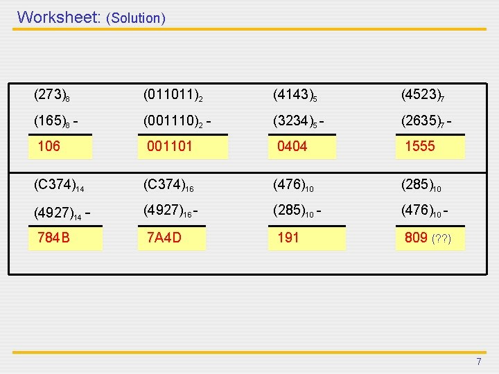 Worksheet: (Solution) (273)8 (011011)2 (4143)5 (4523)7 (165)8 - (001110)2 - (3234)5 - (2635)7 - Worksheet: (Solution) (273)8 (011011)2 (4143)5 (4523)7 (165)8 - (001110)2 - (3234)5 - (2635)7 -