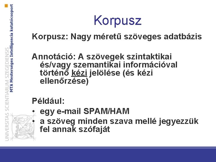 Korpusz: Nagy méretű szöveges adatbázis Annotáció: A szövegek szintaktikai és/vagy szemantikai információval történő kézi