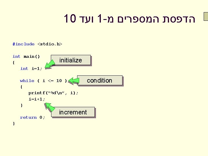 10 ועד 1 - הדפסת המספרים מ #include <stdio. h> int main() { int