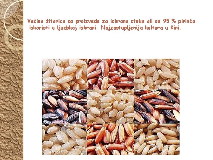 Većina žitarica se proizvede za ishranu stoke ali se 95 % pirinča iskoristi u Većina žitarica se proizvede za ishranu stoke ali se 95 % pirinča iskoristi u