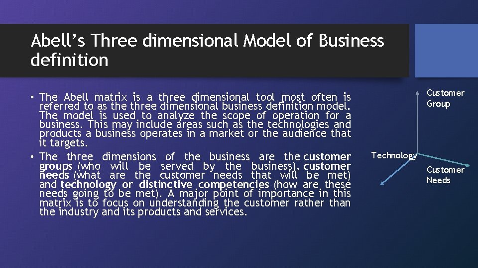 Abell’s Three dimensional Model of Business definition • The Abell matrix is a three