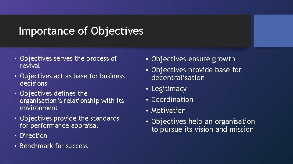 Importance of Objectives • Objectives serves the process of revival • Objectives act as