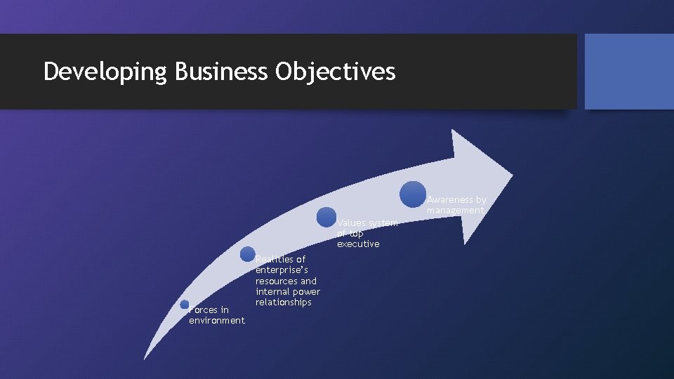 Developing Business Objectives Awareness by management Values system of top executive Forces in environment