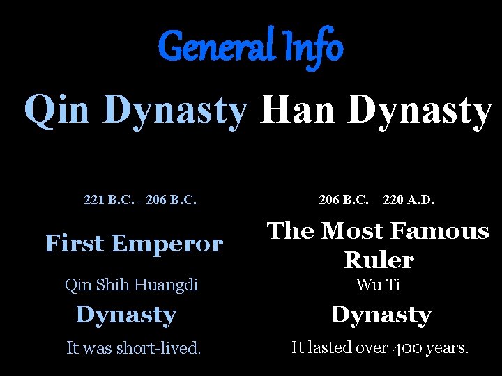 General Info Qin Dynasty Han Dynasty 221 B. C. - 206 B. C. –