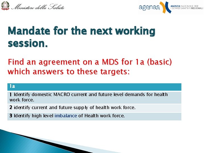 Mandate for the next working session. Find an agreement on a MDS for 1