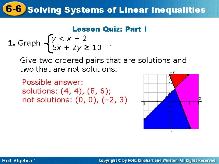 6 -6 Solving Systems of Linear Inequalities 1. Graph Lesson Quiz: Part I y<x+2.