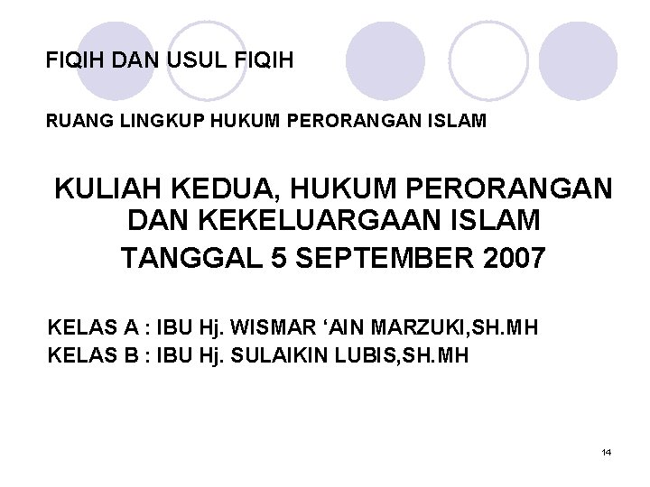 FIQIH DAN USUL FIQIH RUANG LINGKUP HUKUM PERORANGAN ISLAM KULIAH KEDUA, HUKUM PERORANGAN DAN