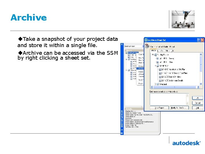 Archive u. Take a snapshot of your project data and store it within a