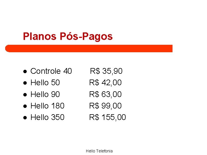 Planos Pós-Pagos l l l 2 Controle 40 Hello 50 Hello 90 Hello 180