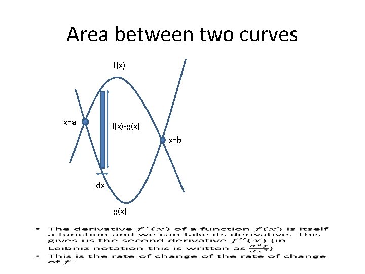 Area between two curves f(x) x=a f(x)-g(x) x=b dx g(x) 