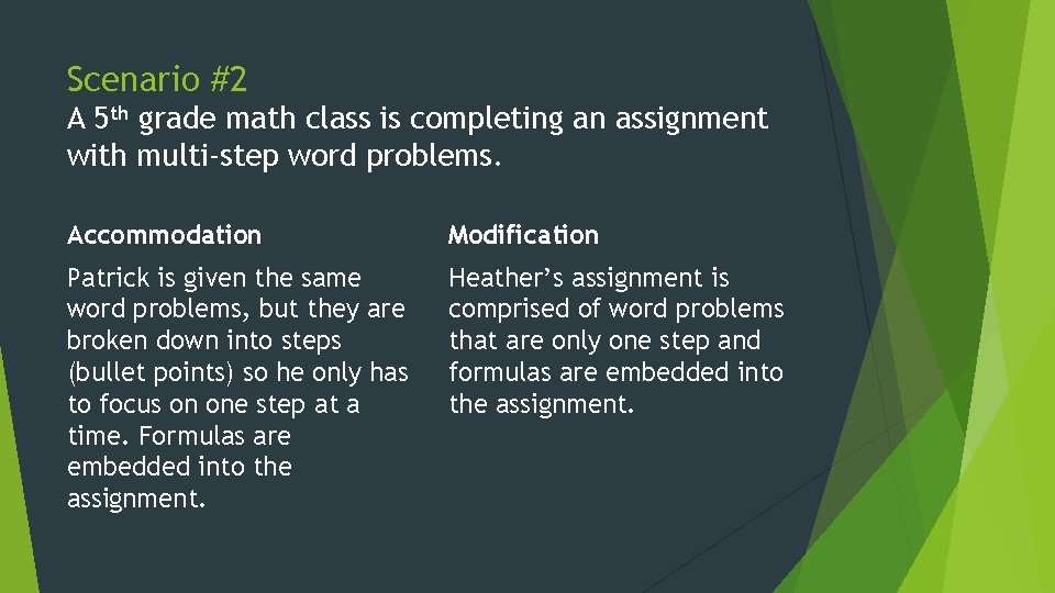 Scenario #2 A 5 th grade math class is completing an assignment with multi-step