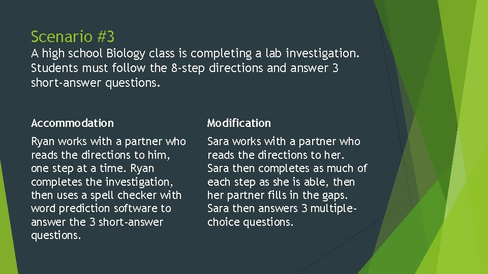 Scenario #3 A high school Biology class is completing a lab investigation. Students must