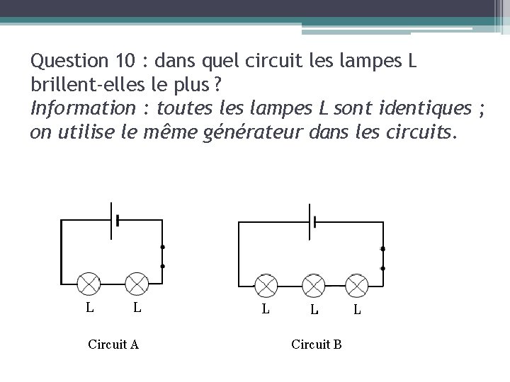 Question 10 : dans quel circuit les lampes L brillent-elles le plus ? Information