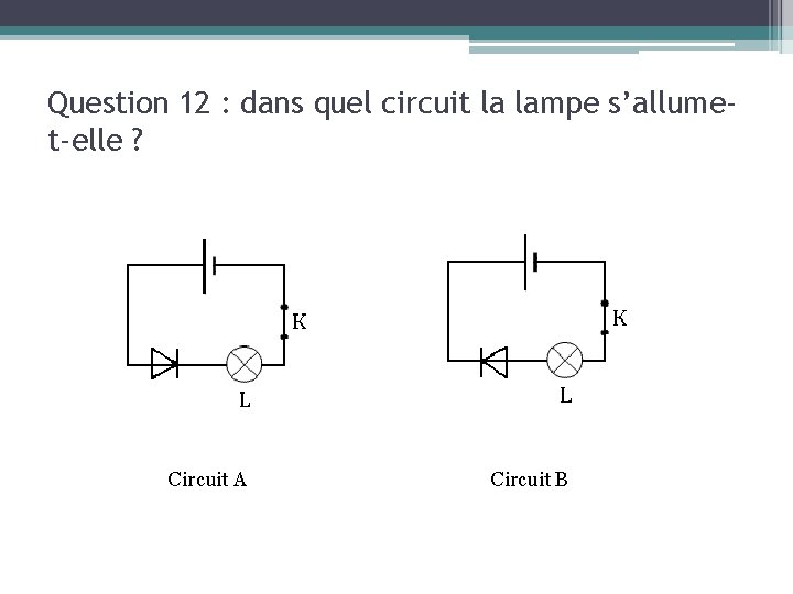 Question 12 : dans quel circuit la lampe s’allumet-elle ? Circuit A Circuit B