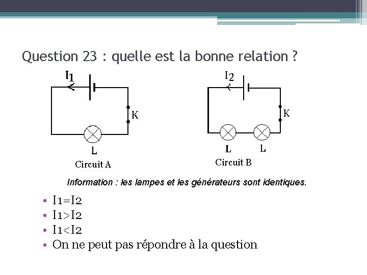 Question 23 : quelle est la bonne relation ? Circuit A Circuit B Information