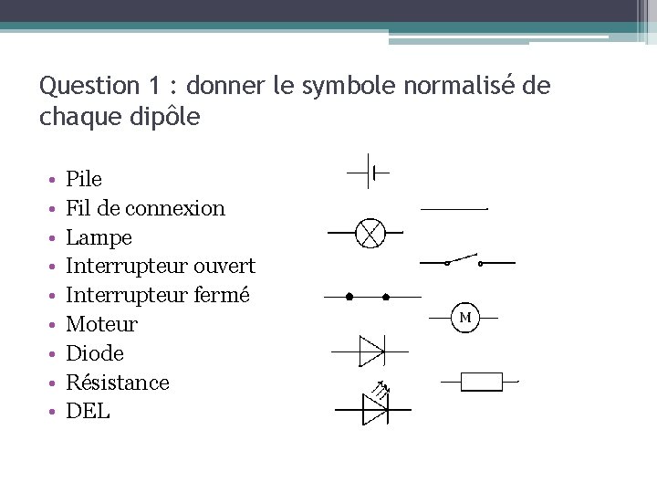 Question 1 : donner le symbole normalisé de chaque dipôle • • • Pile